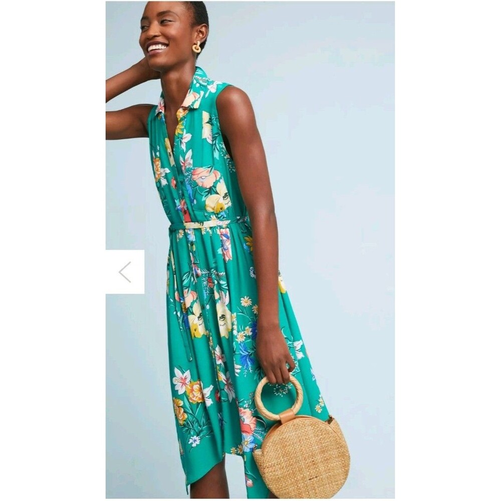 Maeve Anthropologie Rory Shirtdress Green Floral Sleeveless Belted Women's 0 J61